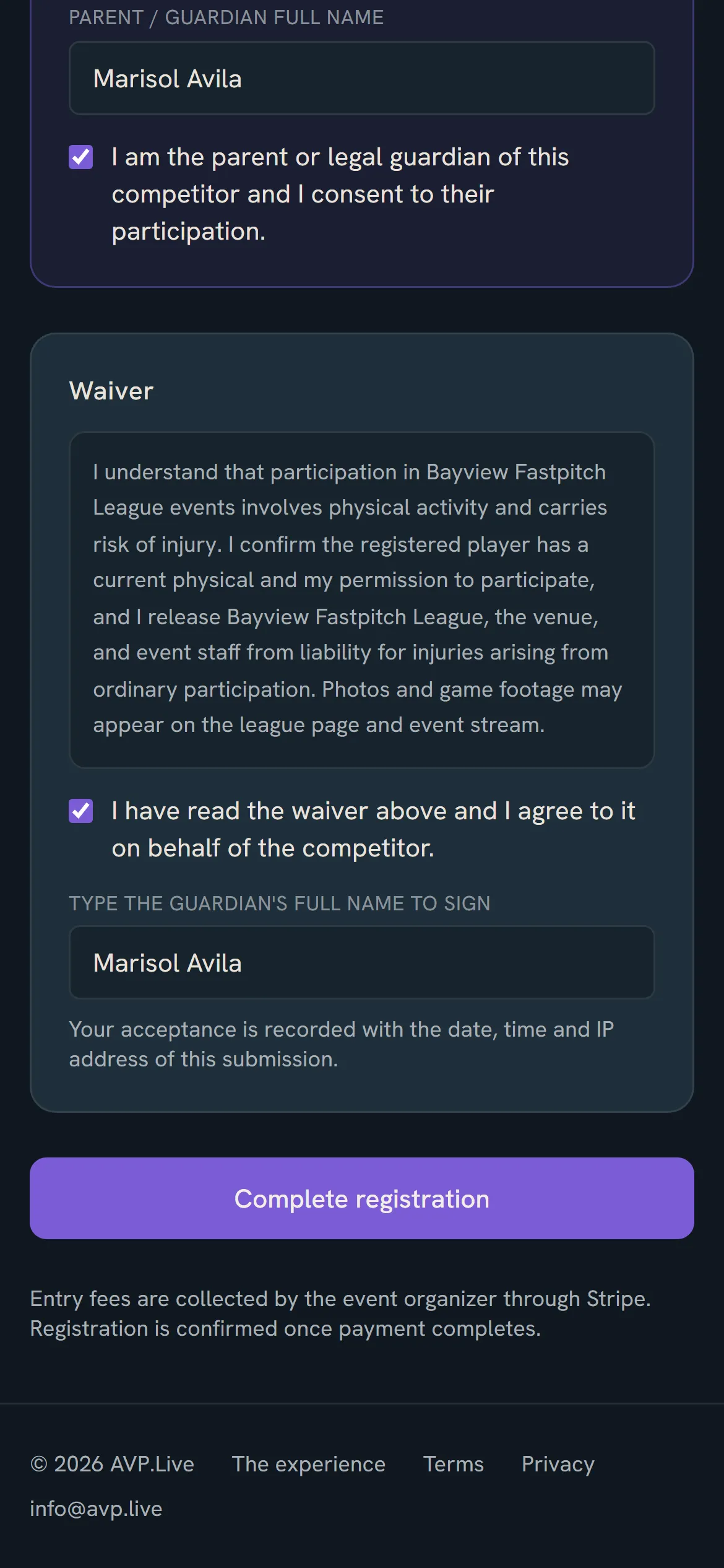 Waiver, signed properly: the Bayview Fastpitch League registration flow