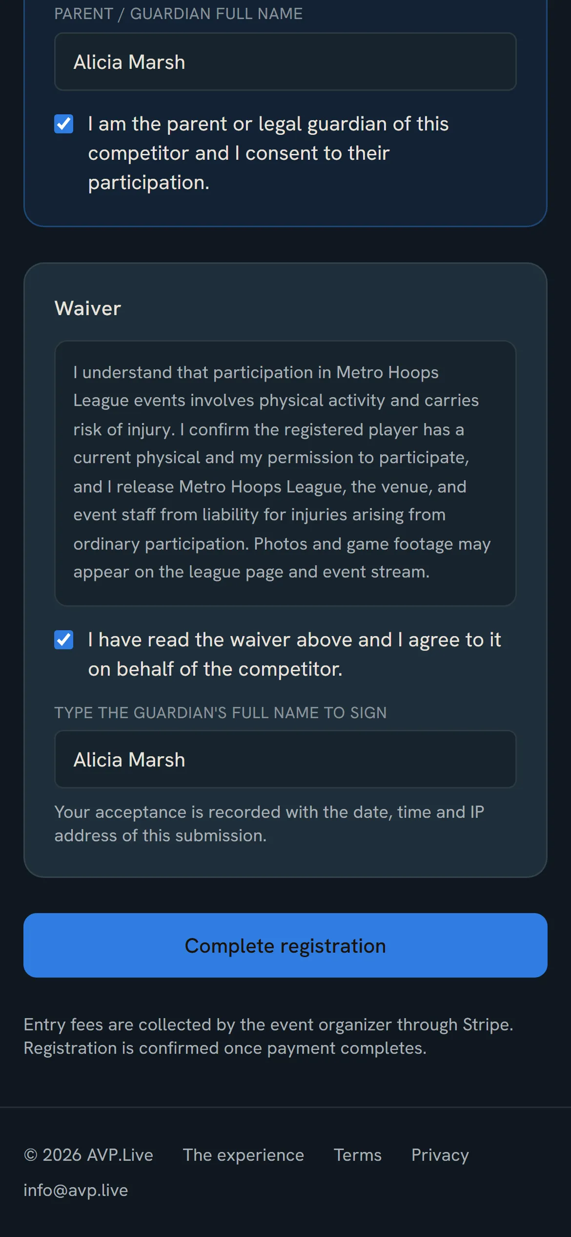 Waiver, signed properly: the Metro Hoops League registration flow