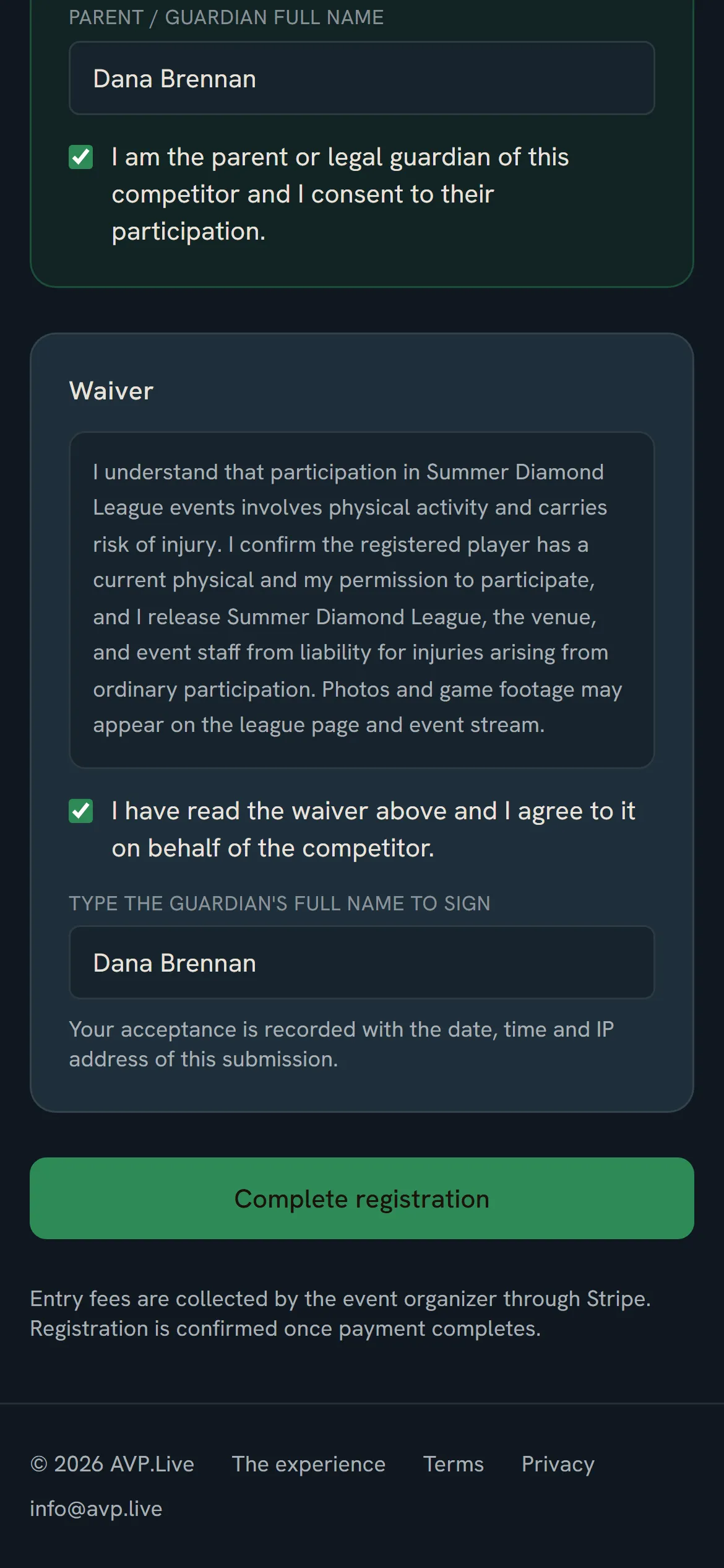 Waiver, signed properly: the Summer Diamond League registration flow